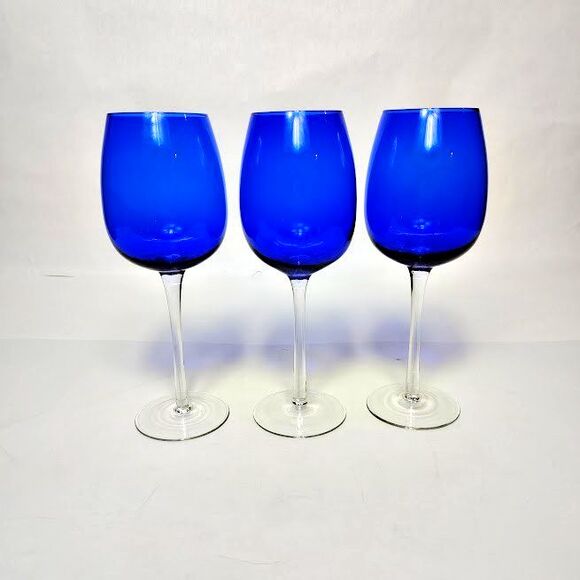 Set 3 Colbalt Blue Wine Glasses 9.5 Inch Tall 2.5 Inch Diameter Clear Stem - Picture 1 of 1